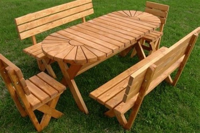 STRUTTURE IN LEGNO MOBILE DA GIARDINO SET OVALE .TAVOLO-DUE PANCHE-2SEDIE